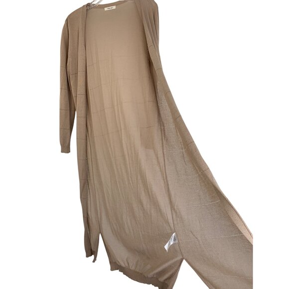 Mod Ref Sheer Open Front Eyelet Stripe Tan Cardi L Duster Midi Long REE10680 - Picture 3 of 8